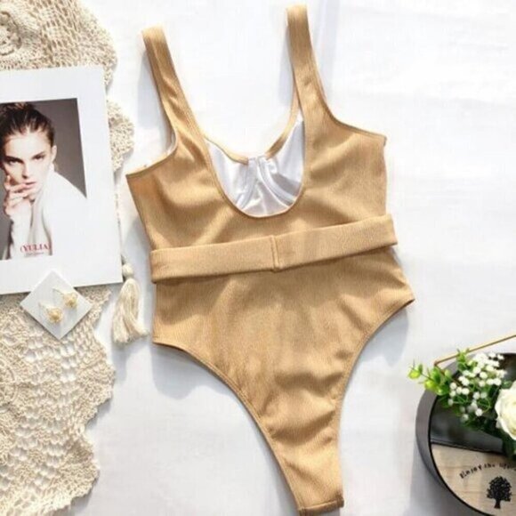 NWT Tan Ribbed Belted Bohemian One Piece Swimsuit Size Medium Bathing Suit - Picture 3 of 10